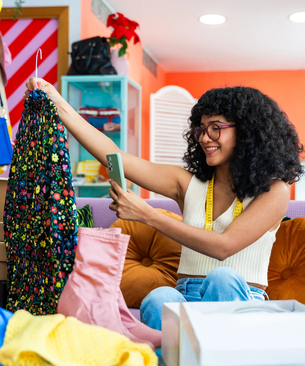 A seller holding up preloved clothes to list for charity on Causee