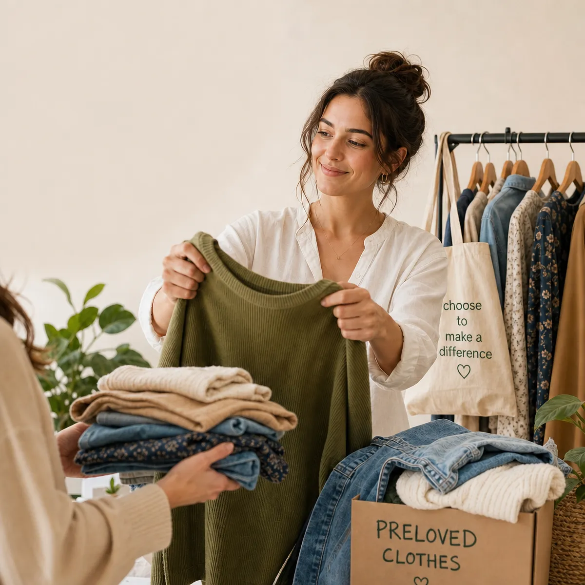 A seller holding up preloved clothes to list for charity on Causee